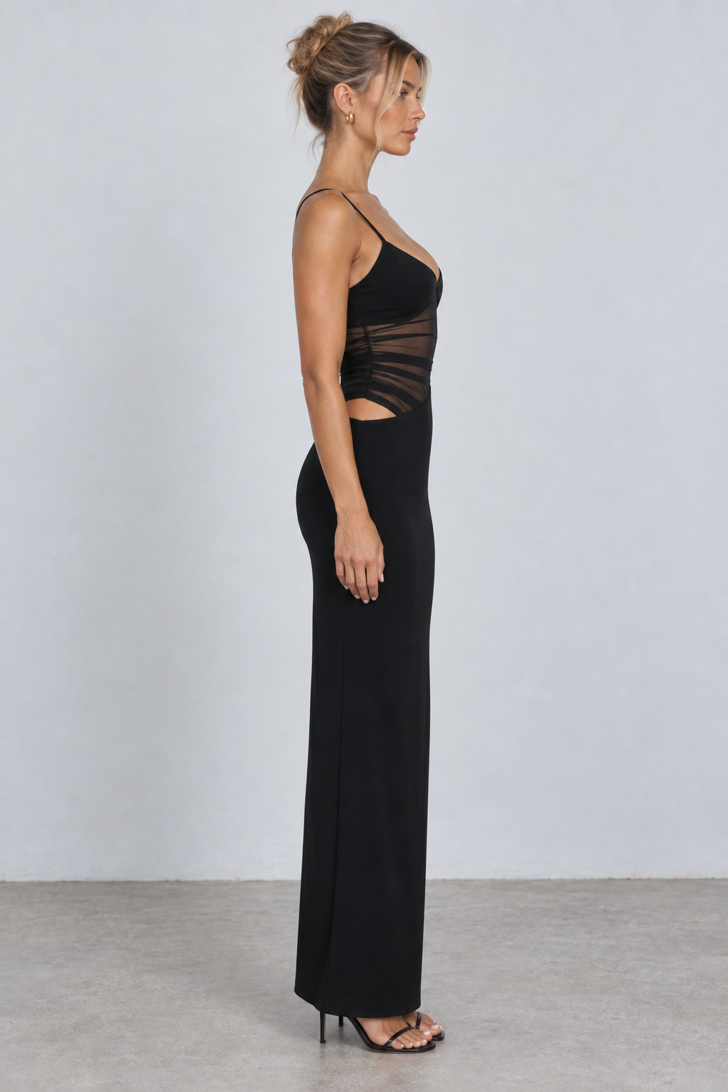 Plunge Mesh Cutout Maxi Dress
