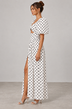 White Polka Dot Puff Sleeve Cutout Maxi Dress