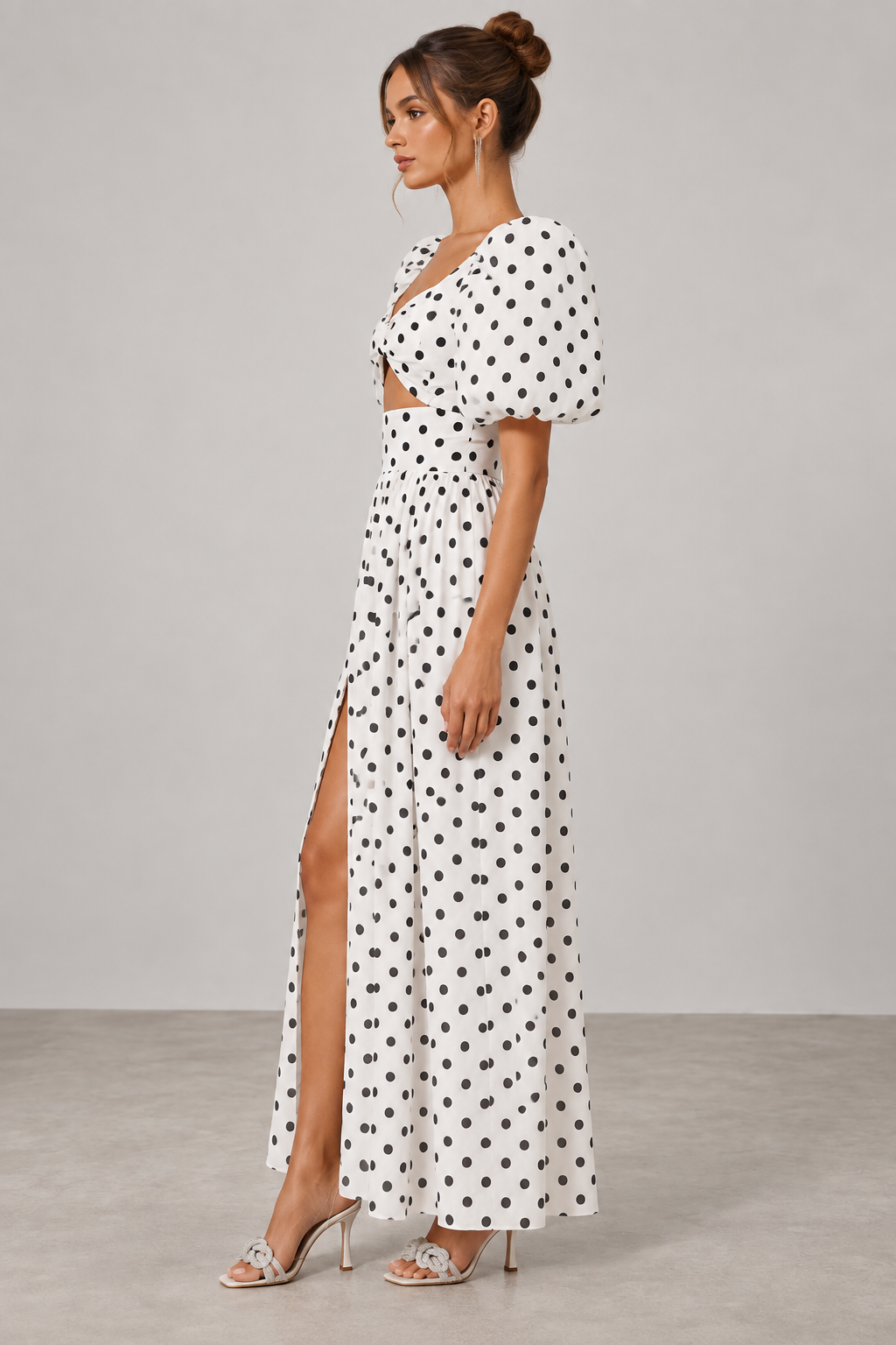 White Polka Dot Puff Sleeve Cutout Maxi Dress