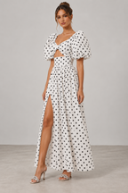 White polka dot puff sleeve cutout maxi dress, angled view