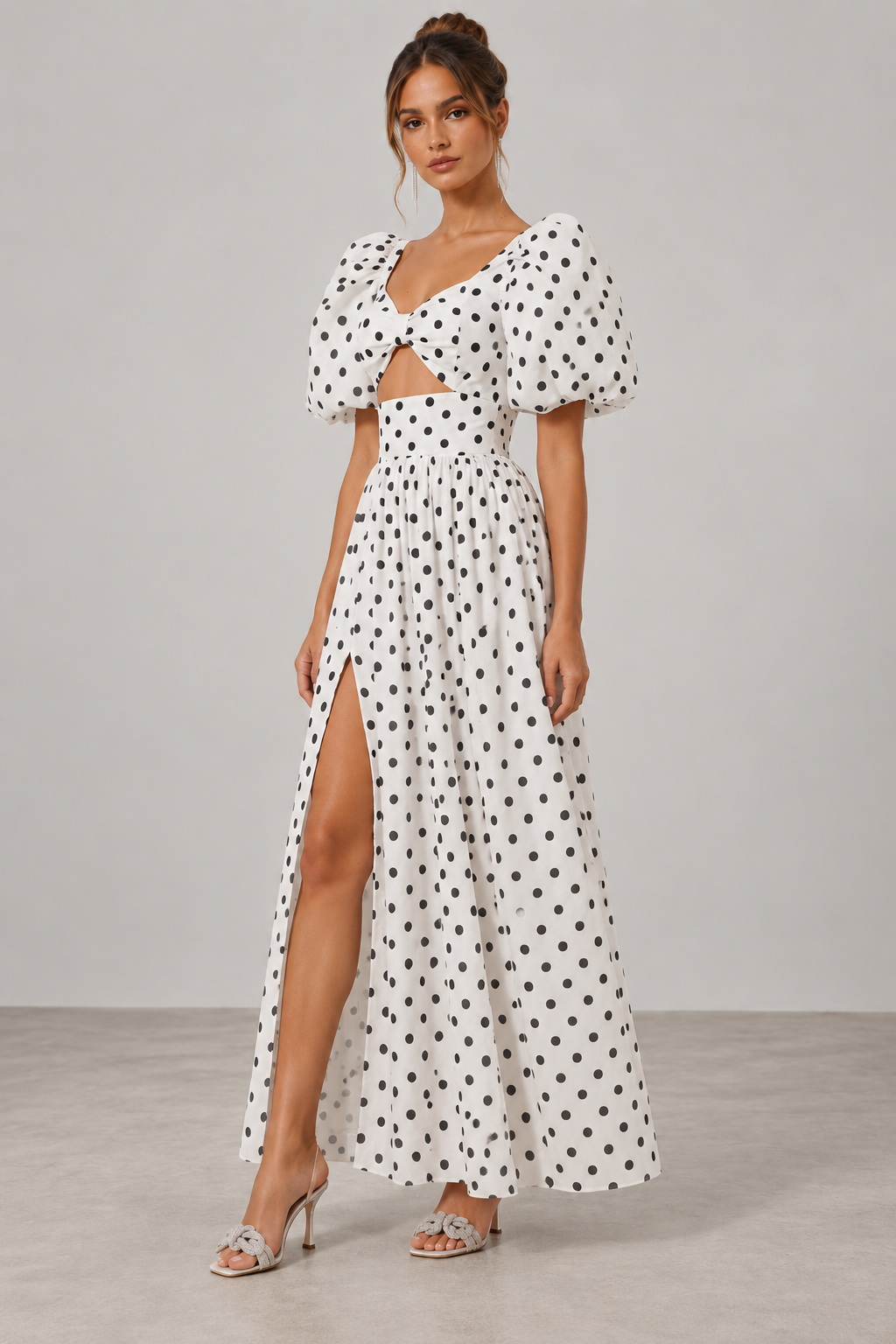 White polka dot puff sleeve cutout maxi dress, angled view