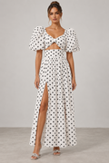 White polka dot puff sleeve cutout maxi dress, front view