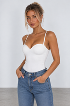 White sweetheart neckline bodysuit, angled view