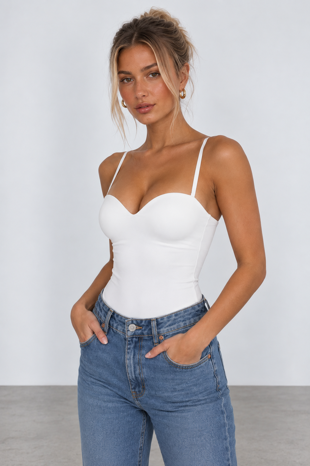 White sweetheart neckline bodysuit, angled view