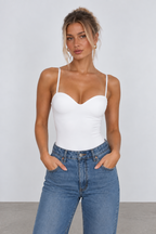 White sweetheart neckline bodysuit, front view